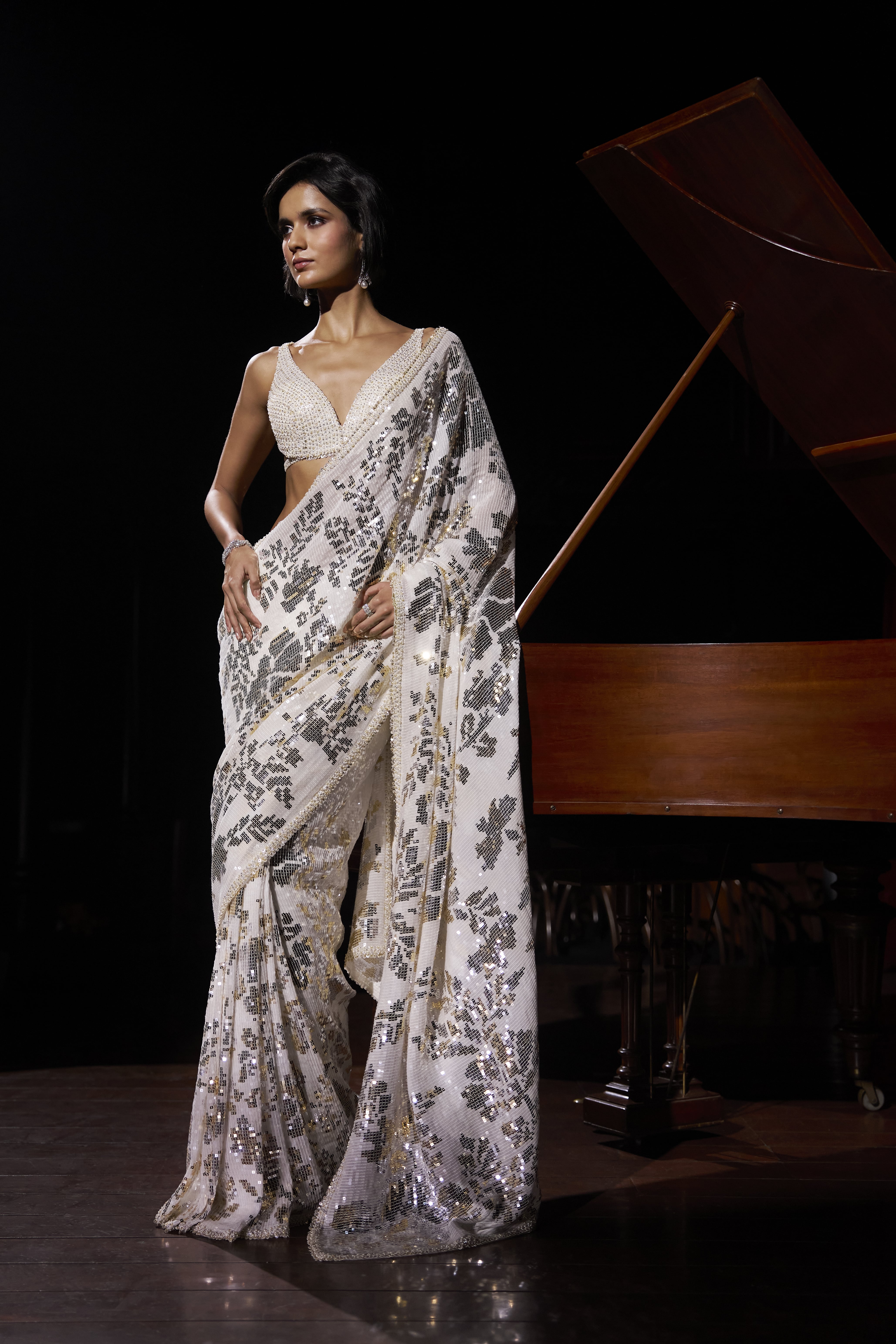Shop Satin silk bedecked saree with scalloped veil by Papa Don't